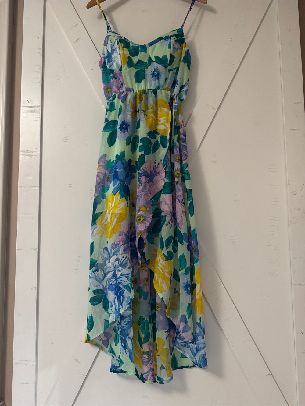 Woman’s Floral High-Low Sundress in Mint with Lavender,Yellow & Blue Flowers